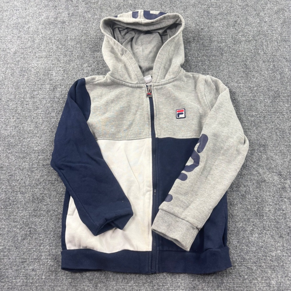 Fila Full‎ Zip Hoodie Medium Gray Navy White Colorblock Kids